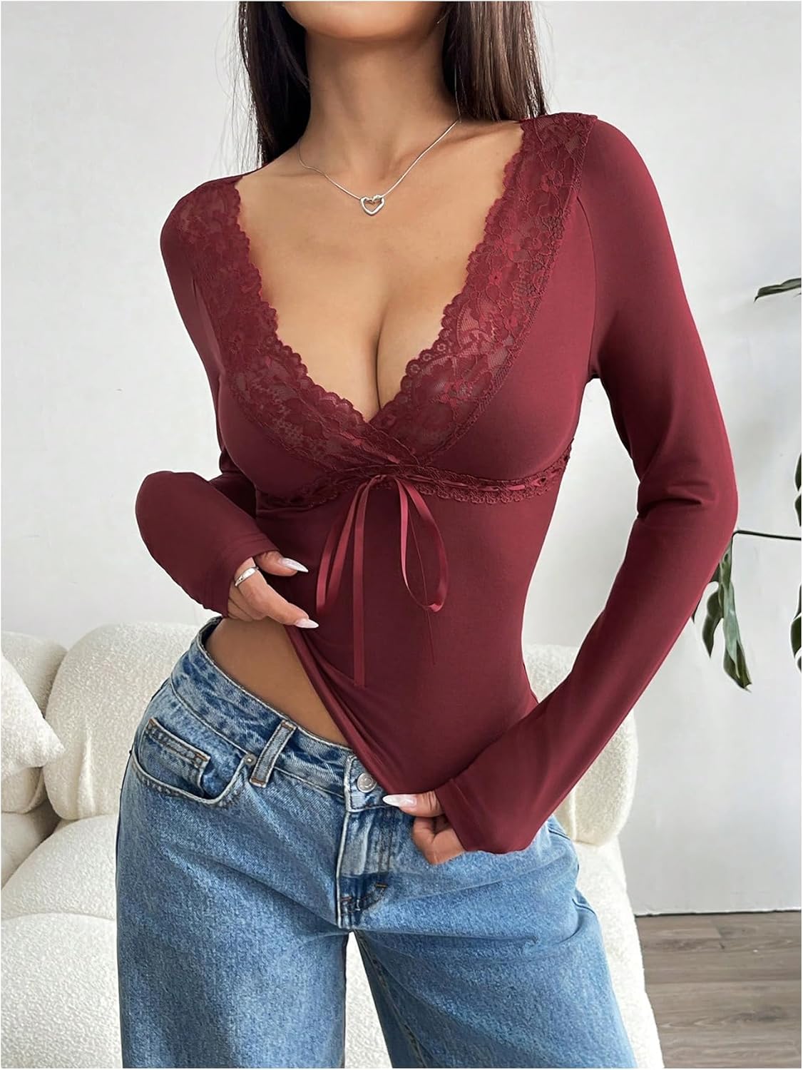 WDIRARA Women's Lace V Neck Top Tie Front Long Sleeve T Shirts Fitted Tops - Image 2