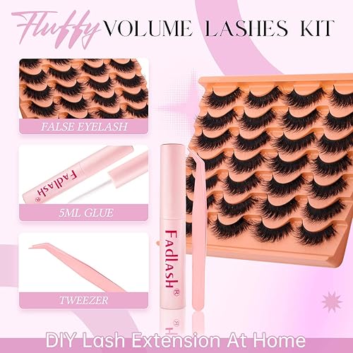 FADLASH False Eyelashes Voluminous and Fluffy Cat Eye Lashes Black Fake Lashes with Thin Band Wear Comfortable, Pack 14 Pairs, LZ-DD-14(LZDD14-3ps,Falsh KIT)