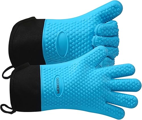 Miniatura 17 de Guantes de asado de GEEKHOM, resistentes al calor, guantes de silicona para horno, largos impermeables, antideslizantes, para barbacoa, cocinar