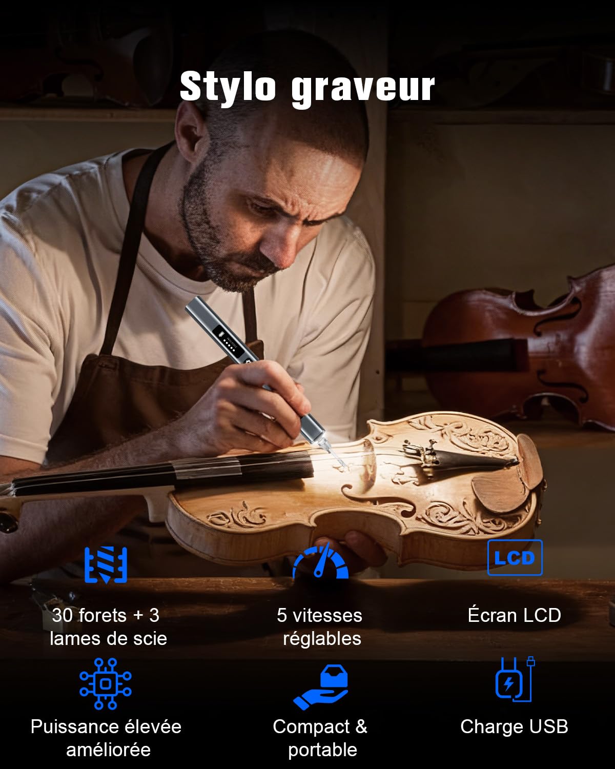 Stylo de gravure électrique – Gravez plus de 50 surfaces – Écran LCD, lumière LED, 5 vitesses, 30+ accessoires, charge USB-C – Graveur bijouterie, idéal bijoutiers, modélistes et créatifs