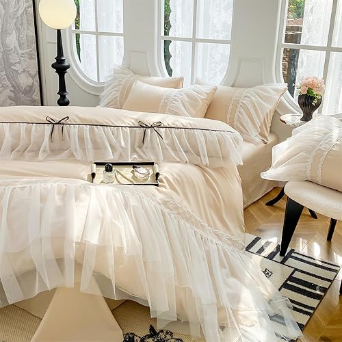 Miniatura 5 de Juego de funda de edredón de encaje con volantes, ropa de cama elegante con bonito lazo, ropa de cama de princesa individual para niños, 100%