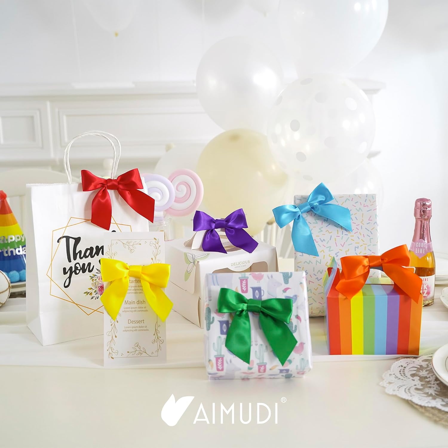 AIMUDI Rainbow Bows 4.5" Satin Bows with Twist Ties 6 Colors Bow for Gift Wrapping Crafts Treat Bags Baskets Cake Pop Premade Bow for Baby Shower Birthday Party Spring Decoration, 60 PCs image 5