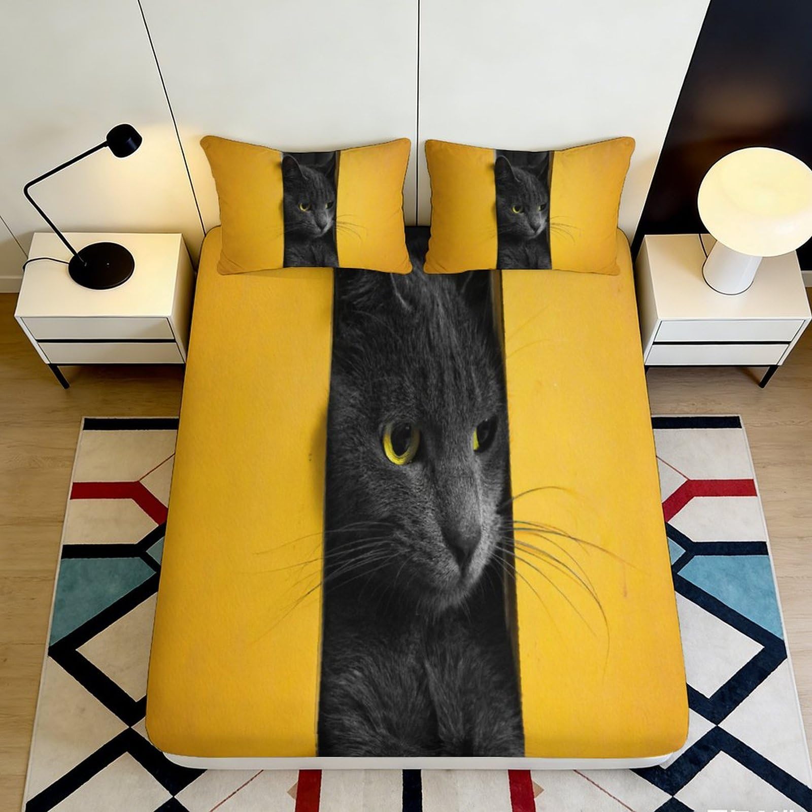 3D Printed Cat Fitted Sheet Microfiber Deep Pocket Non-Slip Bedroom Bedding Cat Mattress Fitted Cover 140x200x25cm