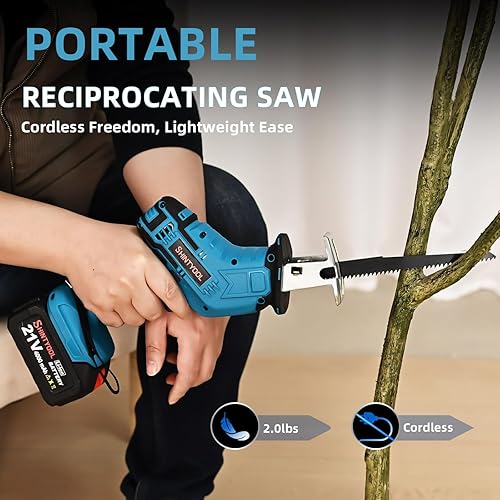 Miniatura 9 de Sierra alternativa inalámbrica de 21 V, sierra recíproca con batería de 2.0 Ah con cargador, yunque de anillo de cerdo y 4 cuchillas para cortar