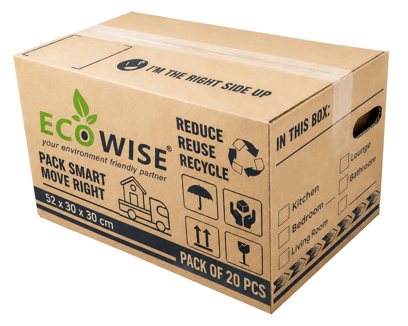 EcoWise 20 Pcs Cardboard Moving Boxes with Handles – 52 x 30 x 30cm, 47 Litres Large Packing Boxes, Strong Corrugated Cartons for House Moving, Office Relocation, Shipping | Room List Checkboxes