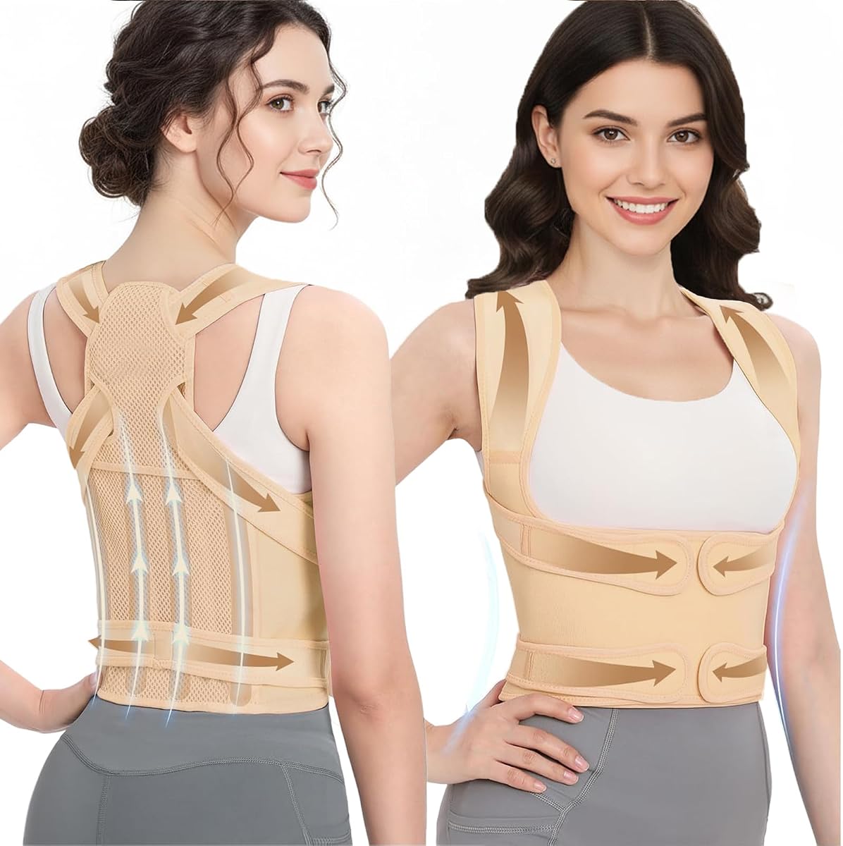 Corrector de postura para mujeres y hombres Soporte de espalda superior/inferior ajustable | Alisador de hombros, soporte de espalda invisible, malla transpirable, uso debajo de la ropa, alivio del dolor, 4 barras de ABS, beige, talla S