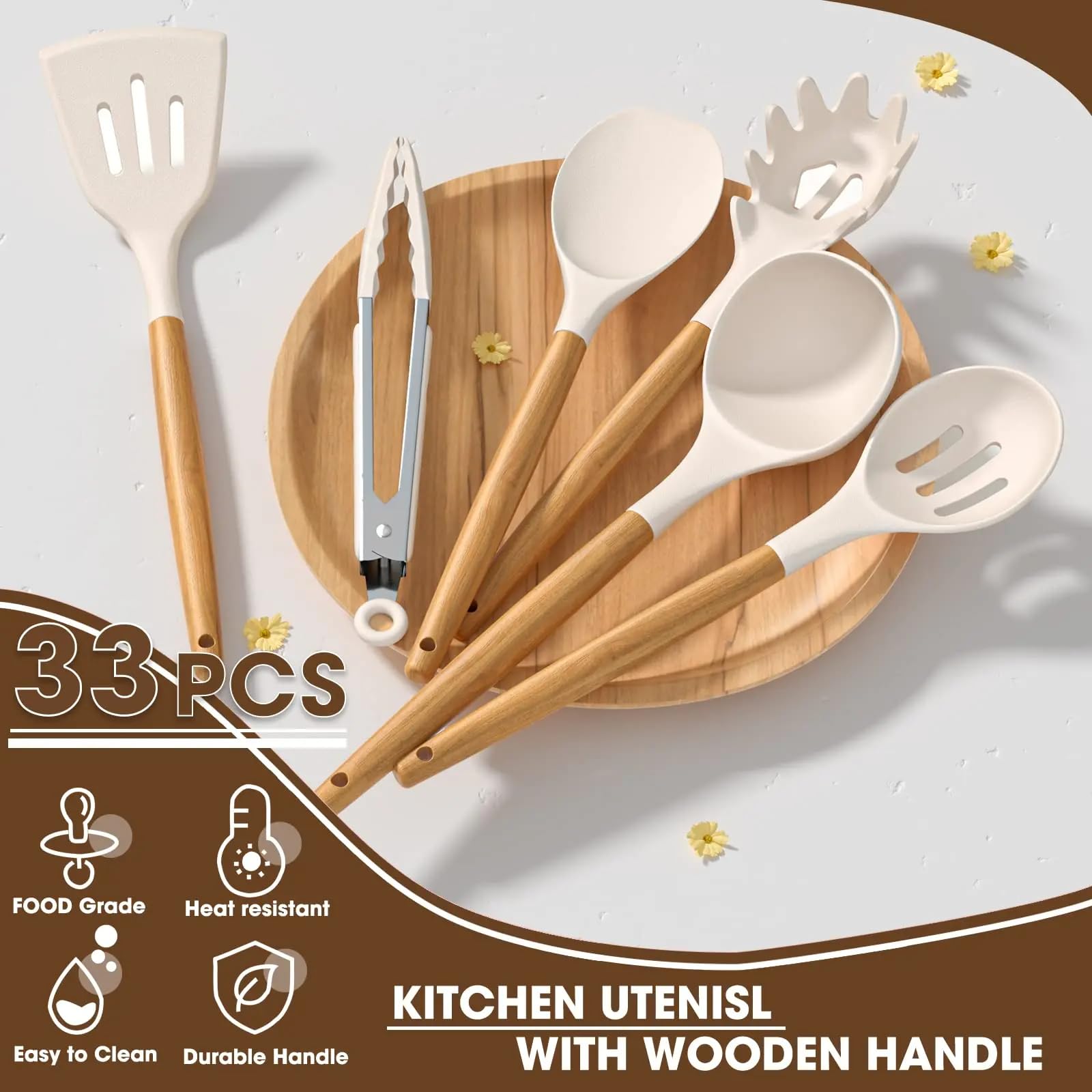 Juego de utensilios de cocina de silicona, 33 piezas, antiadherentes con mango de madera, juego de espátulas de silicona resistentes al calor con soporte (beige)
