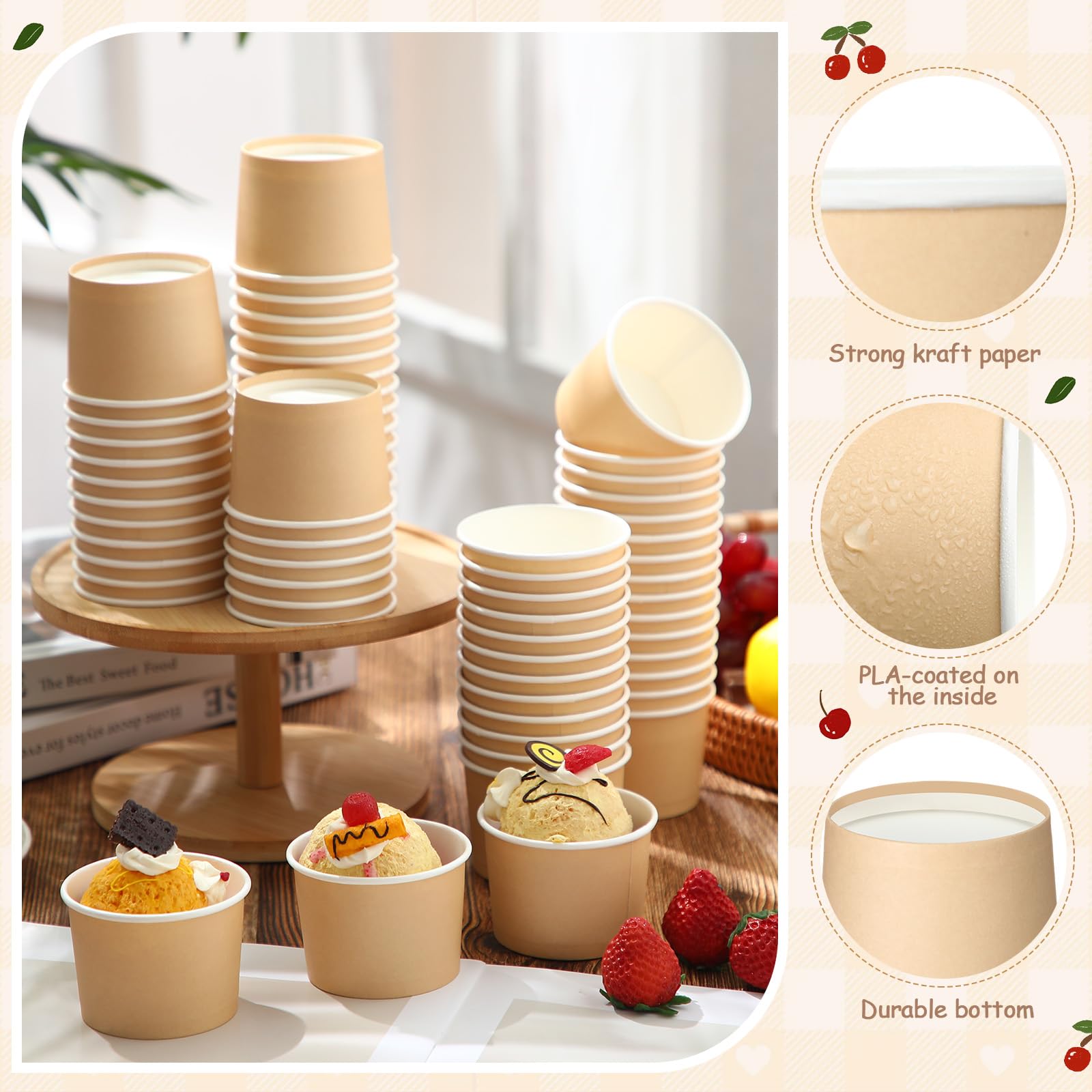 Honeydak Paquete de 200 vasos de helado de papel kraft para fiestas, vasos pequeños de helado, vasos de papel desechables para postres, aperitivos, yogur, suministros para bodas, fiestas de cumpleaños