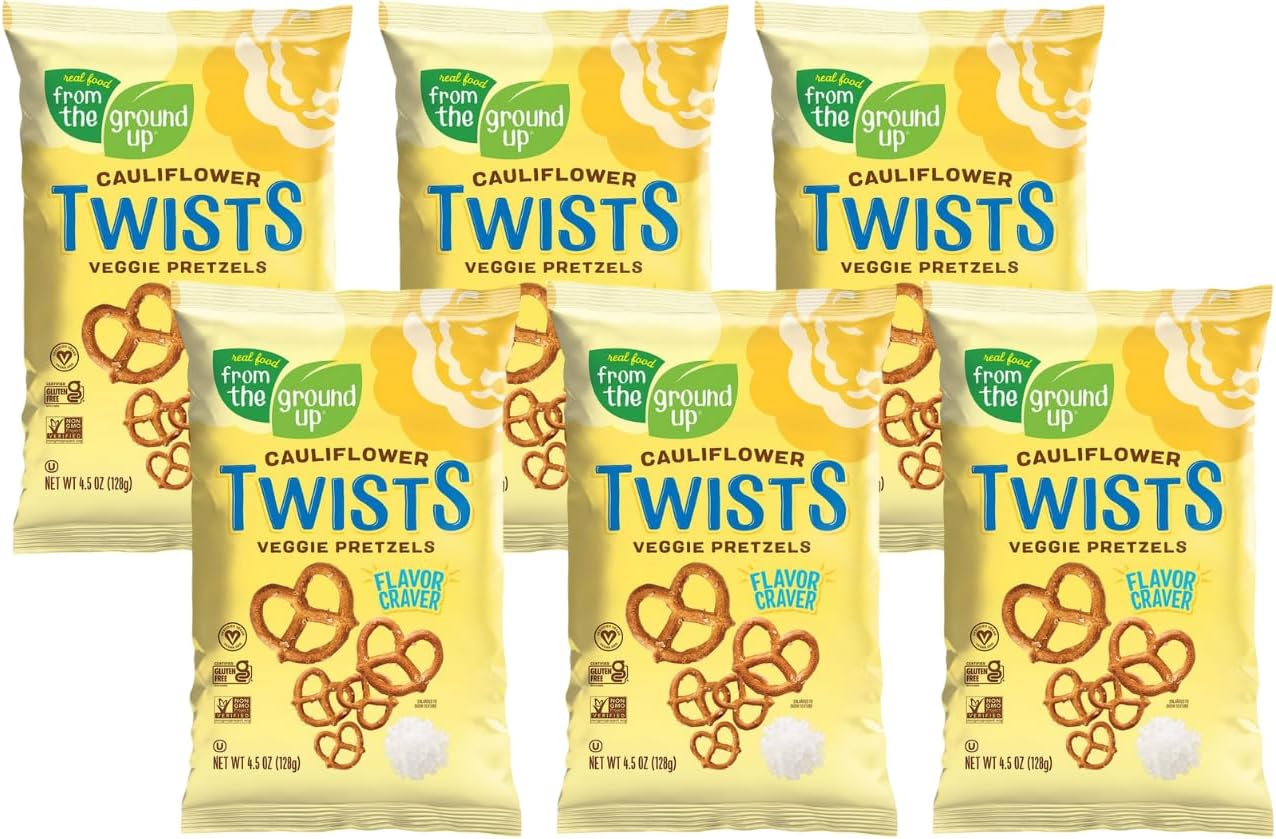Real Food From The Ground Up Vegan Cauliflower Pretzels, Gluten Free, Non-GMO, 6 Pack (Twists)