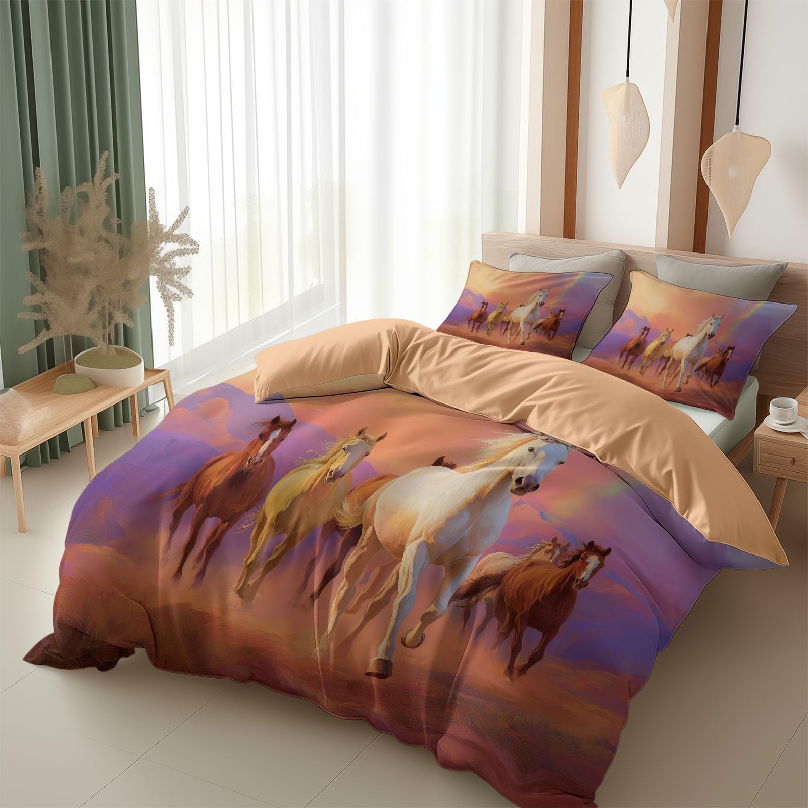 Housse de couette 200x200 orange avec cheval 3D et ses 2 taies d'oreiller