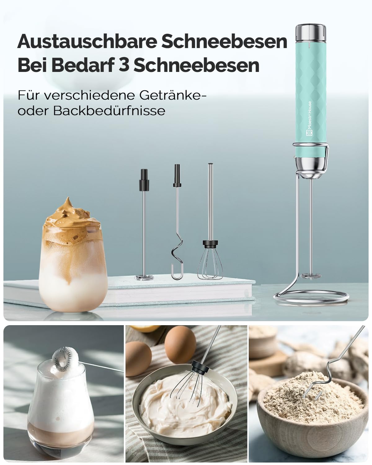 Maestri House Milchaufschäumer Mit Stufenloser Geschwindigkeitsregelung, Usb Aufladbar Milchaufschäumer, Aufschäumer Mit 3 Schneebesens Und Ständer Aus Edelstahl, für Latte Cappuccino und Eier