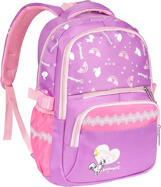 Yordawn Backpack School Bag Rucksack for Girls Boys Waterproof Backpacks Large Capacity Kids Back Pack with Bottle Pockets Front Pocket Lightweight School Bags for Children Students (Pink + Purple)