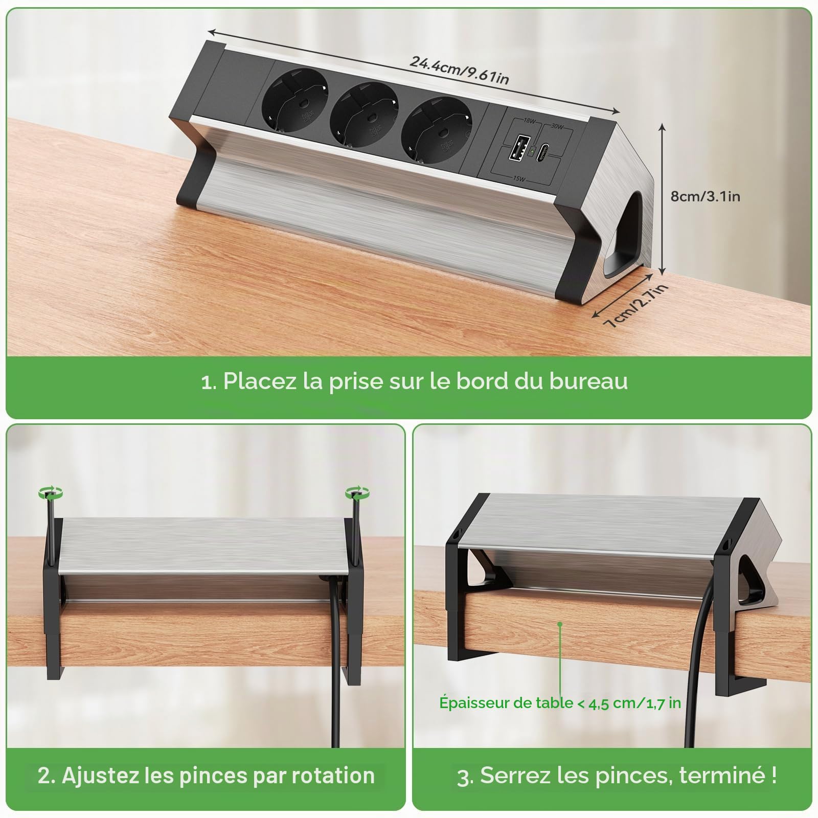Multiprise Bureau USB C, Multiprise Electrique 3 Prises avec USB, Aluminium Bloc Multiprise Prise Plan de Travail pour Bureau, Cuisine, Bains, Salon, 1,8M Câble