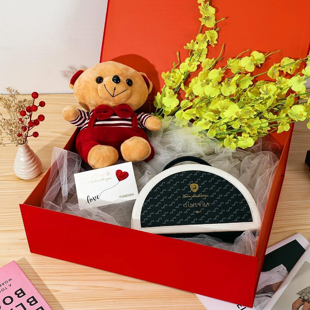 KdmNzoo Confezione regalo grande rossa, 3 pezzi, 48,5 x 40,5 x 15,3 cm, scatola regalo magnetica con coperchio, grande, per vacanze, matrimonio, compleanno, confezione regalo, include rafia e