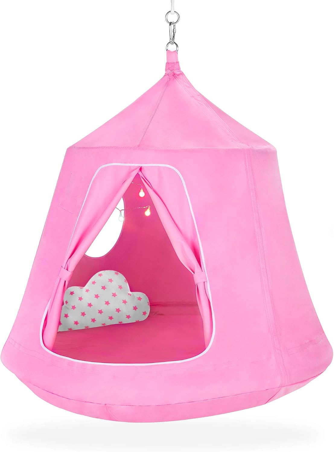 Best Choice Products Kids Indoor & Outdoor Hanging Hammock Swing Tent Set w/Inflatable Base, Ropes, and Multicolor LED String Lights, Pink