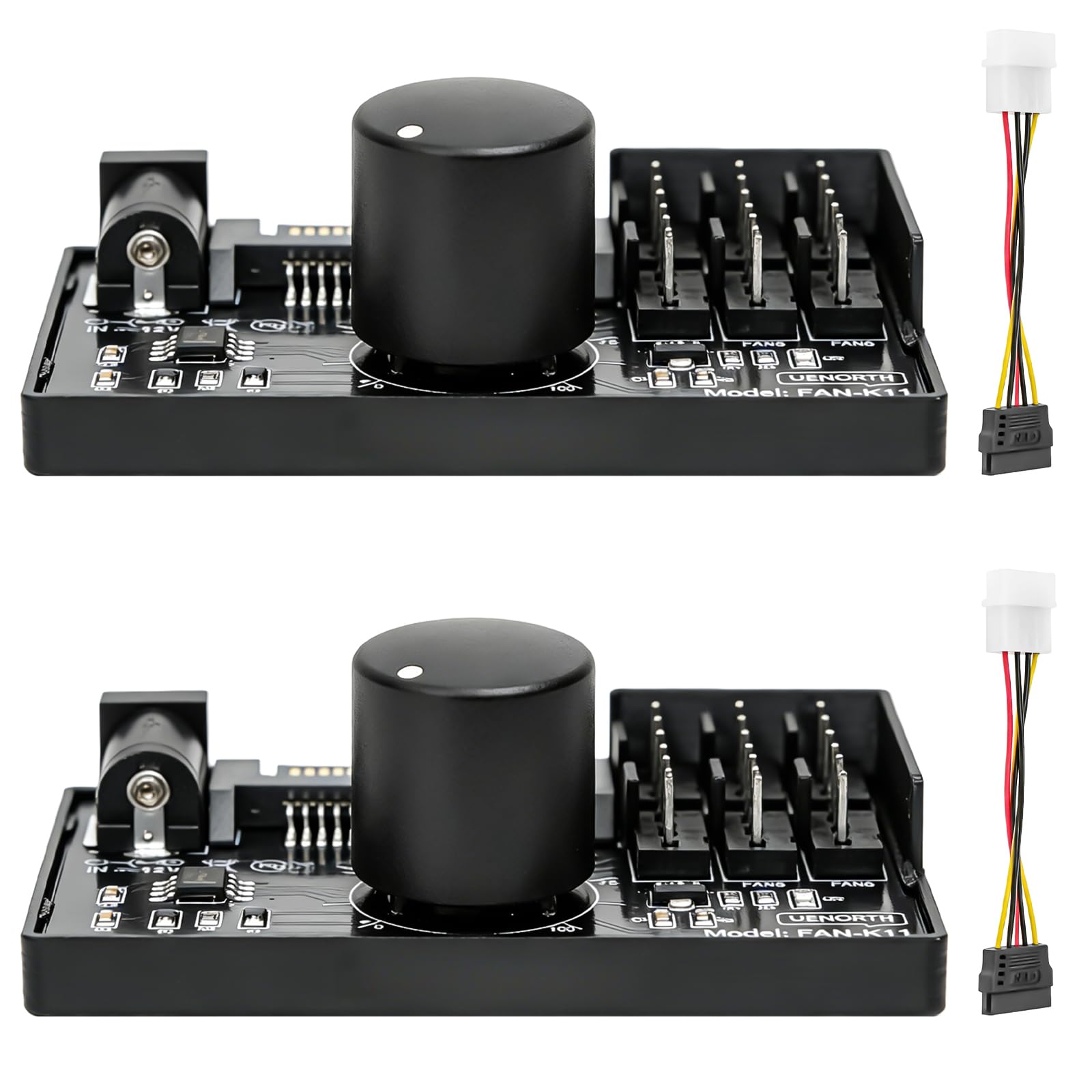 2 unidades PWM regulador de velocidad del ventilador 12 V: 4 pines, controlador de ventilador PWM con cable adaptador de ventilador para PC con alimentación a través de SATA y DC 5525, botón de