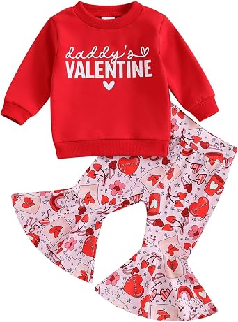 Baby Toddler Girl Outfit Daddys Girl Bow Crew Neck Sweatshirt Shirts Bow Flare Pant Valentines Outfit Clothes