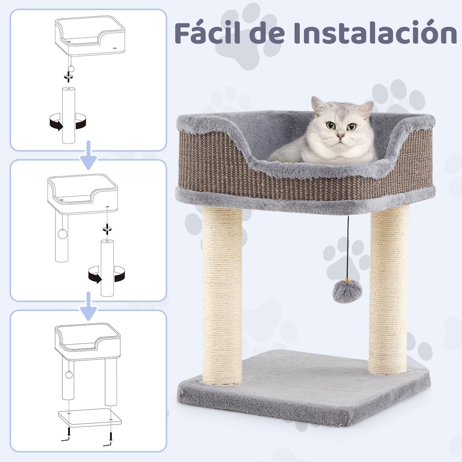 COSTWAY Árbol Rascador Pequeño para Gatos, 38 x 38 x 51 cm, Torre Rascador para Gatos con Plataforma Alfombrado de Felpa y Poste de Rascado de Sisal Natural, Cama para Gato, Relajarse y Dormir (Gris)