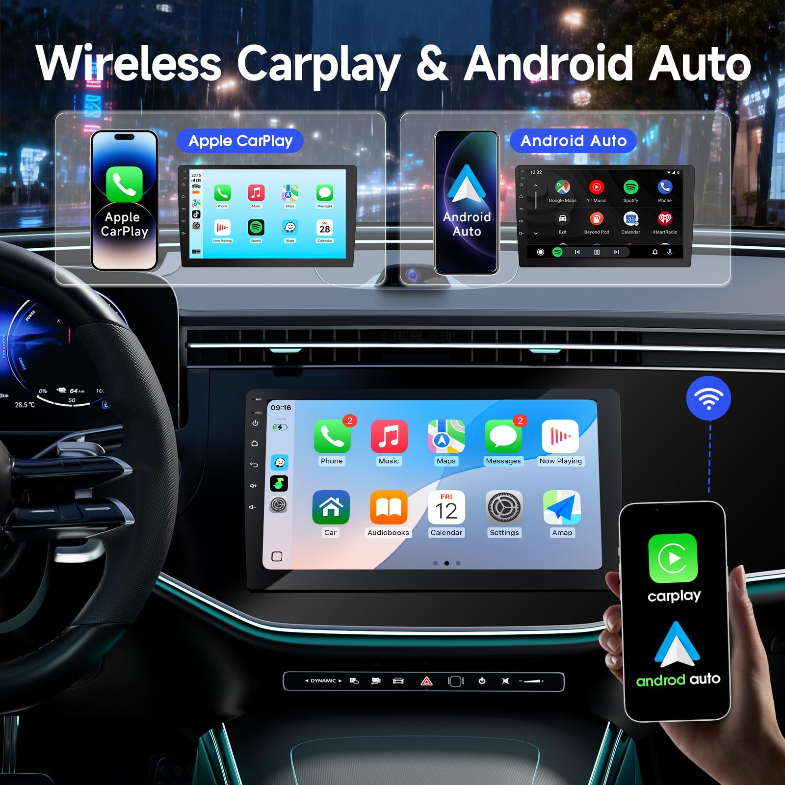 9" Wireless Double Din Car Stereo with Bluetooth, Wireless CarPlay Radio and Android Auto, Backup Camera, GPS Navigation, Free APK Download and Deletion, FM, Voice Control, Mirror Link