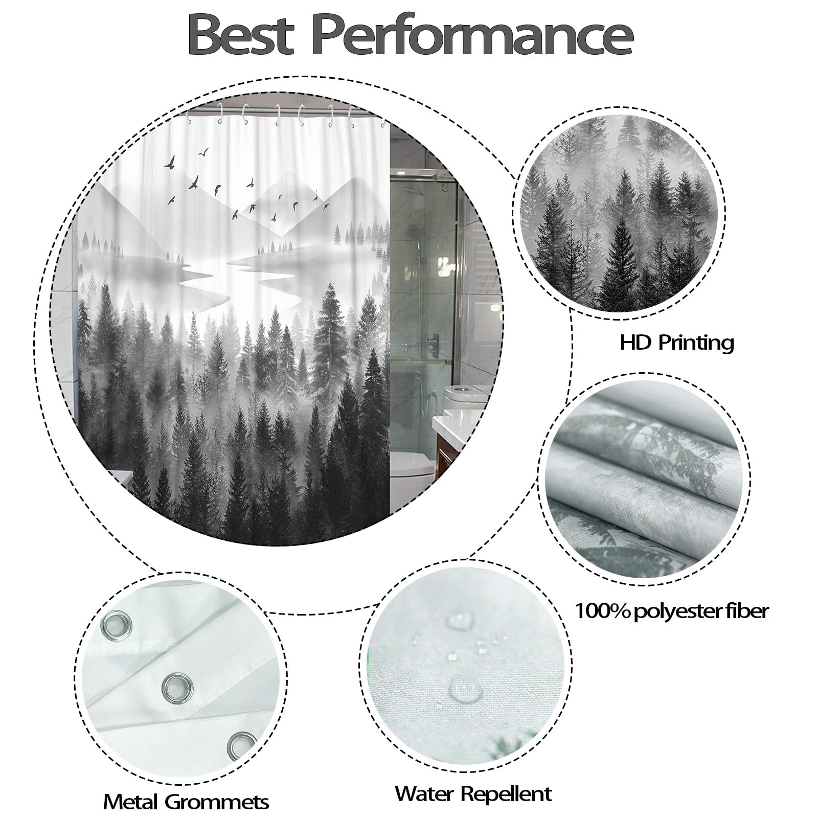 Misty Forest Duschvorhang – Neblige Berge & Kiefern, Wasserdichtes Polyester, 152x183 Cm Mit Haken