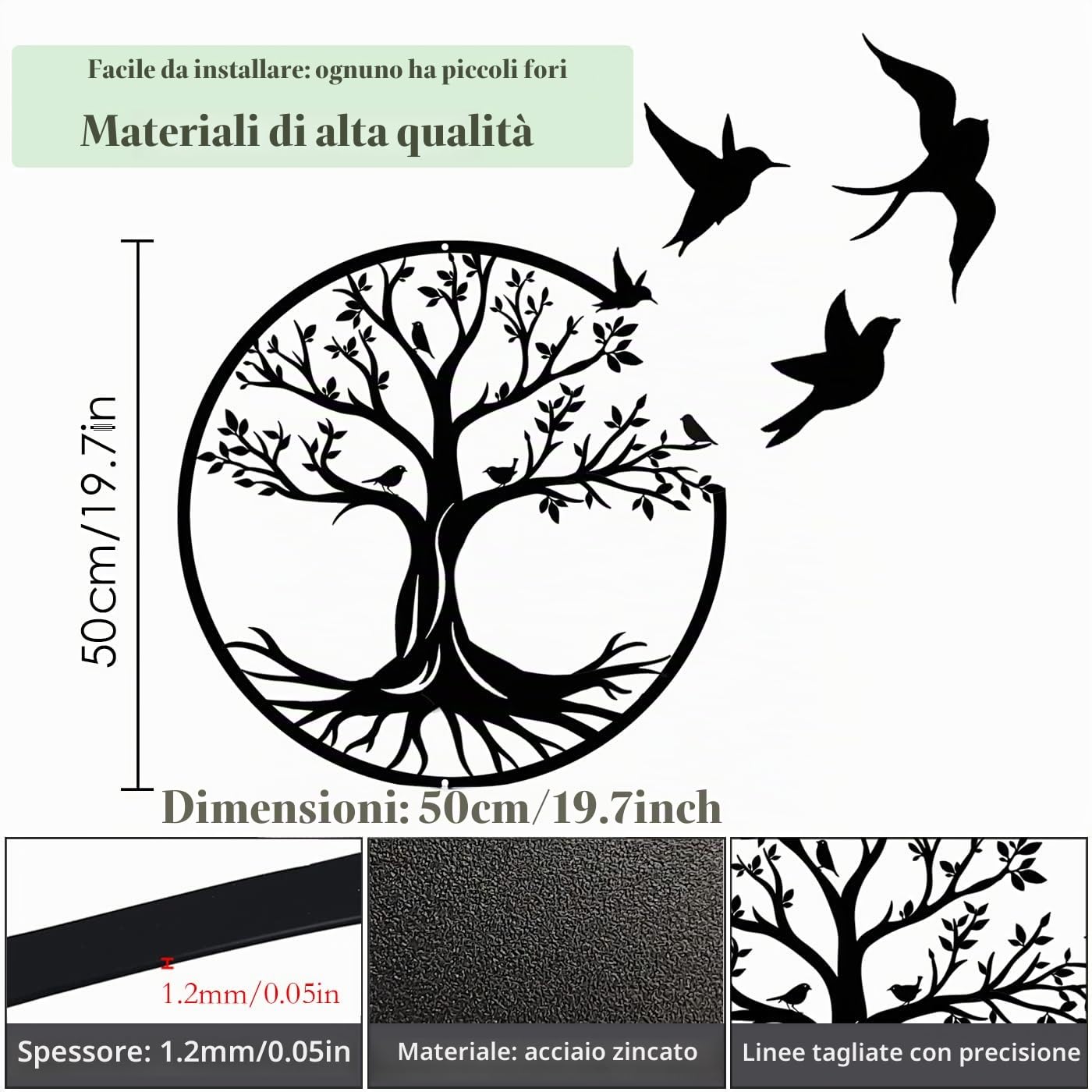 Pduoduo 50cm Albero della vita in metallo decorazione da parete,Uccelli Rami su Un Albero murale,Murale Silhouette Art per regalo regalo Indoor Outdoor Garden Home Decoration (19,7 pollici)
