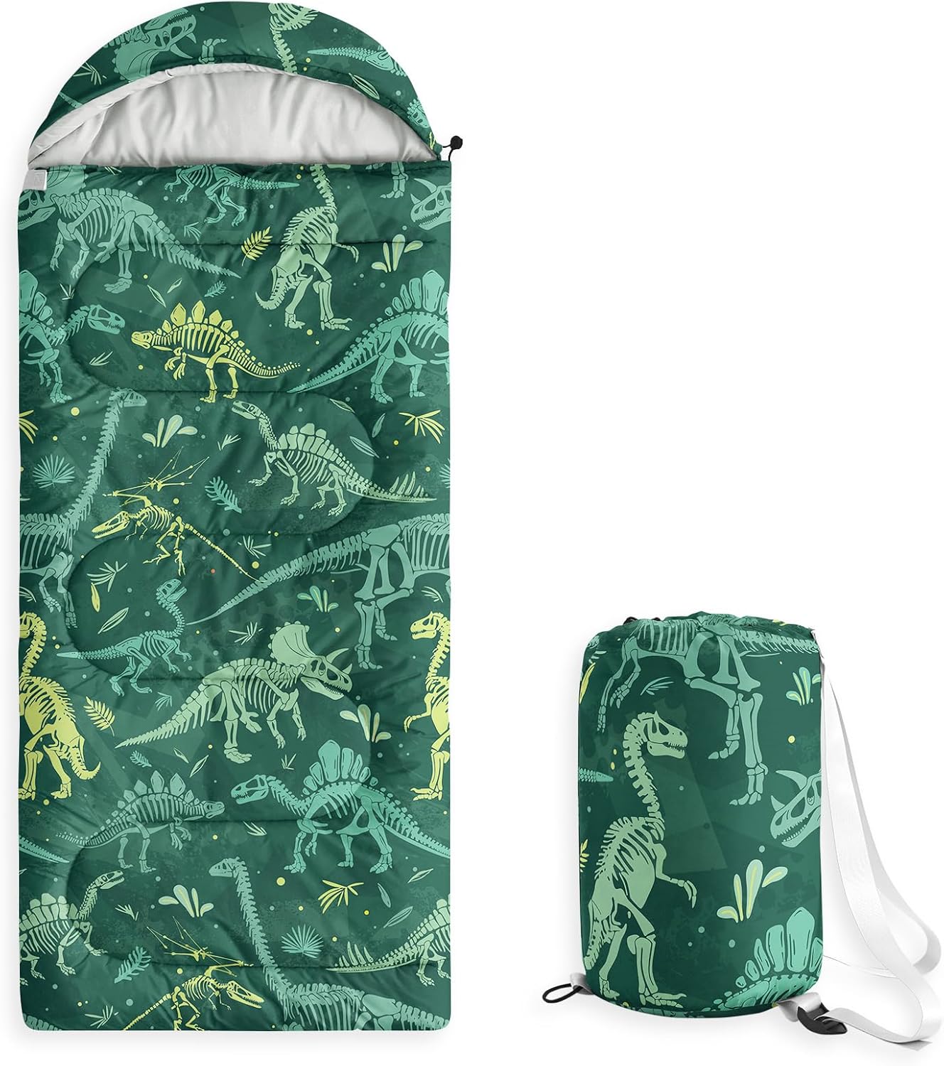 Wake In Cloud - Kids Sleeping Bag for Boys Toddlers, Camping in Warm Cold Weather, Backpacking Lightweight Compact Outdoor Liner for 3 Seasons, Dinosaur Fossils