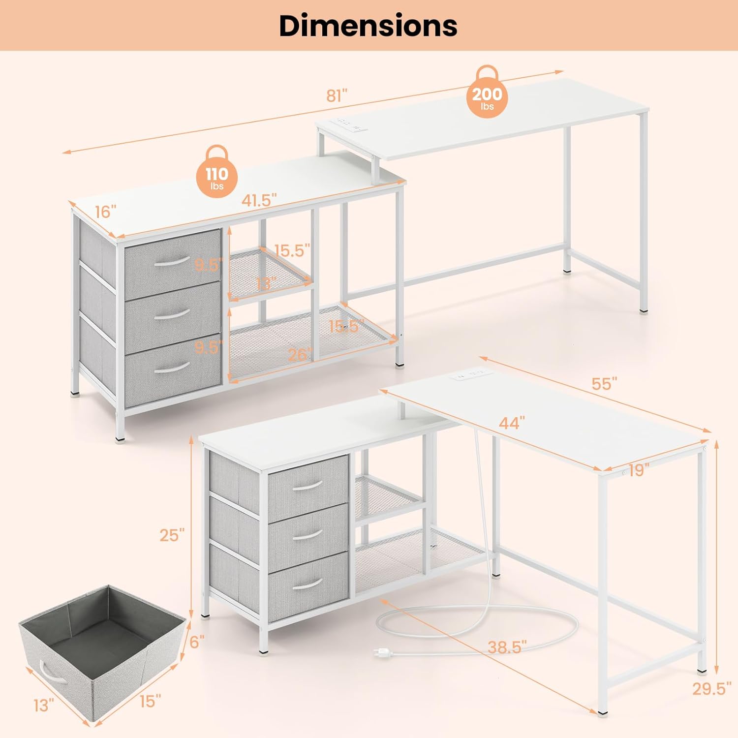 Detailed dimensions of the L-shaped computer desk and its components