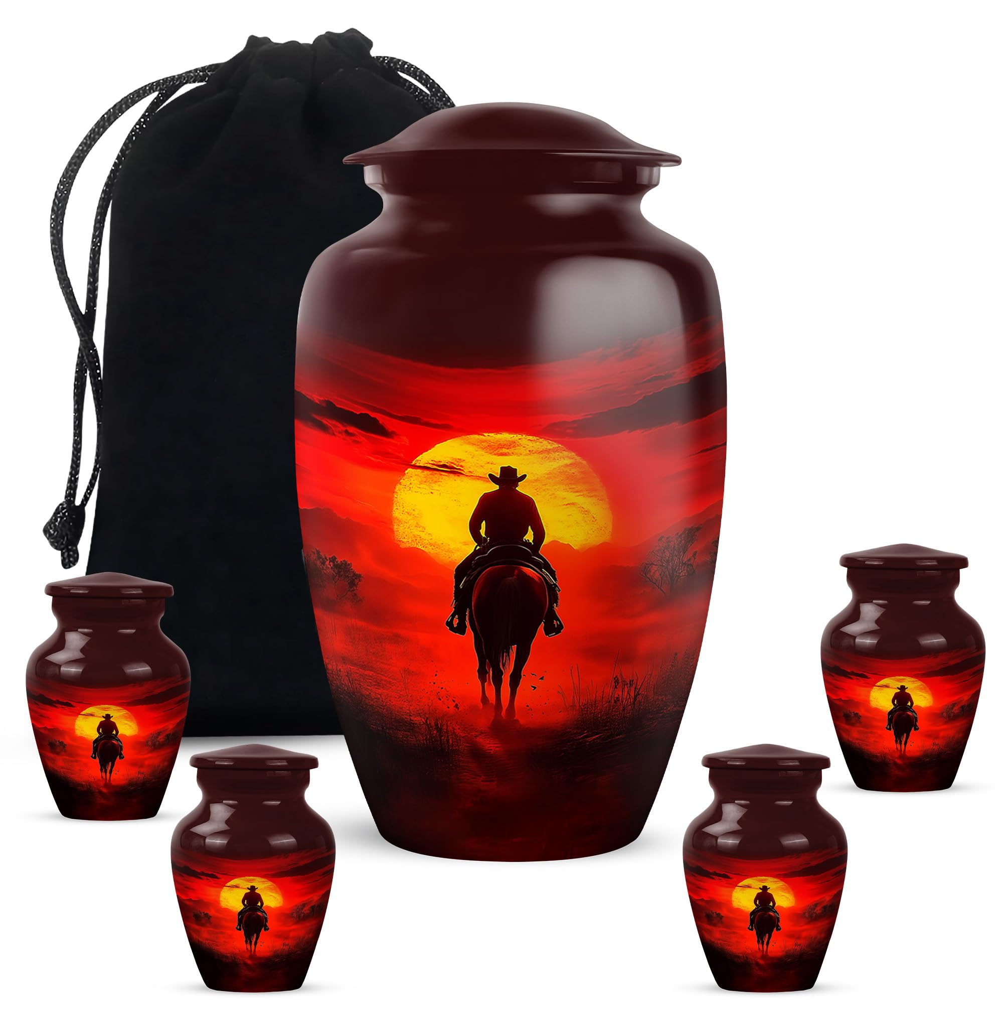 Cowboy Cremation Urn - Large &amp; Small Urns for Human Ashes Adult Male - Funeral Urns for Adult Ashes Women - Urn for Ashes for Women (Combo - 10" &amp; 3", 5 Pcs)