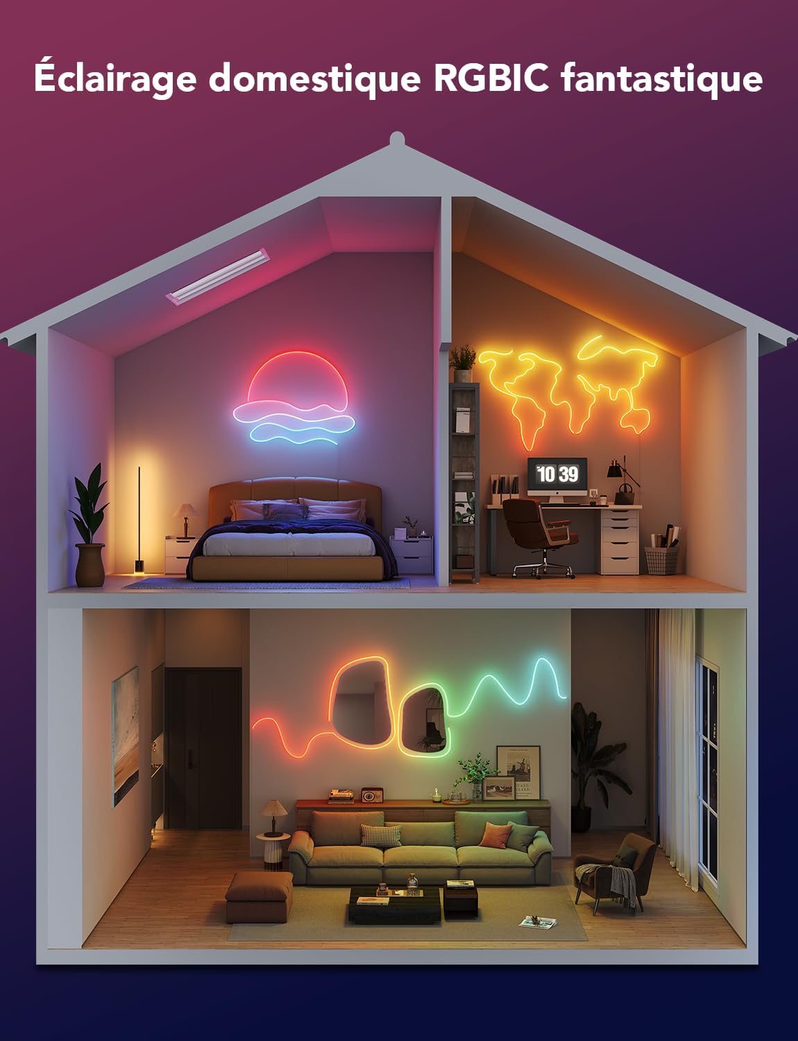 Govee Neon Rope Light 2m RGBIC - Bande LED Flexible avec Clips et Mappage de Forme, Compatible Alexa et Google Assistant - Image détaillée