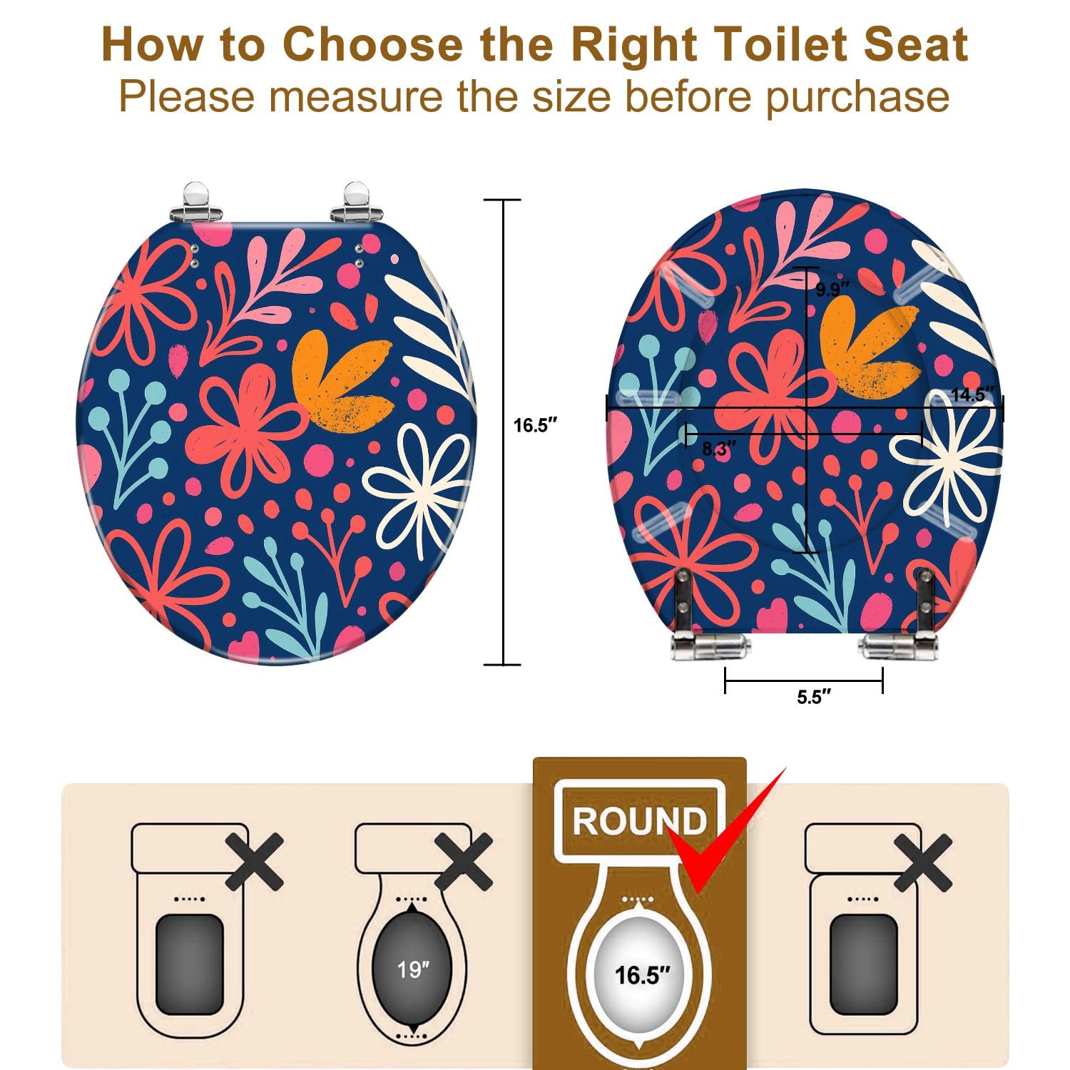 Round Toilet Seat Seamless cute print abstract flowers Cool texture for girls style Resin Toilet Seat Quietly Close Quick Release Hinges with Cover Bumpers Decorative Easy to Install Clean