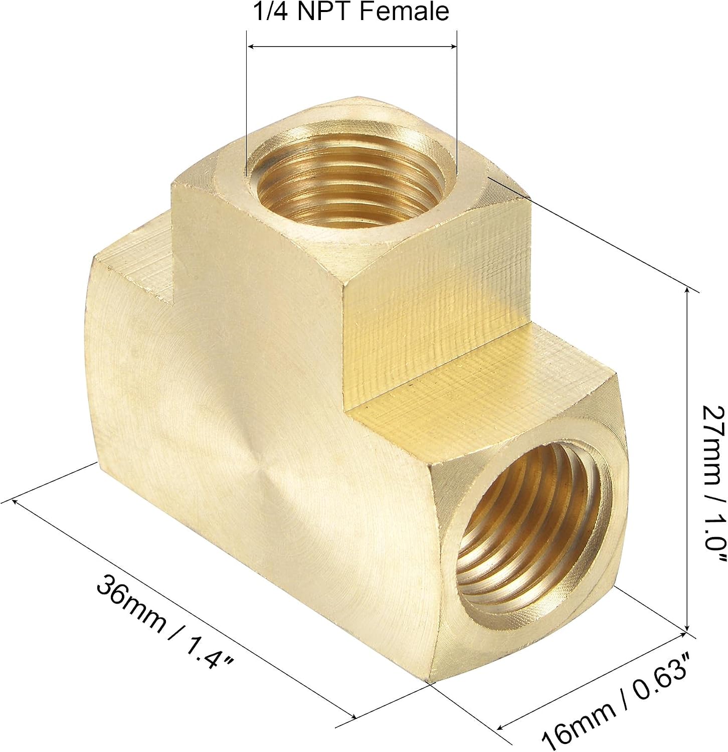 sourcing map Brass Hose Fitting Tee 1/4 NPT Female Thread 3 Way Pipe Connector Adapter, Gold - Image 3