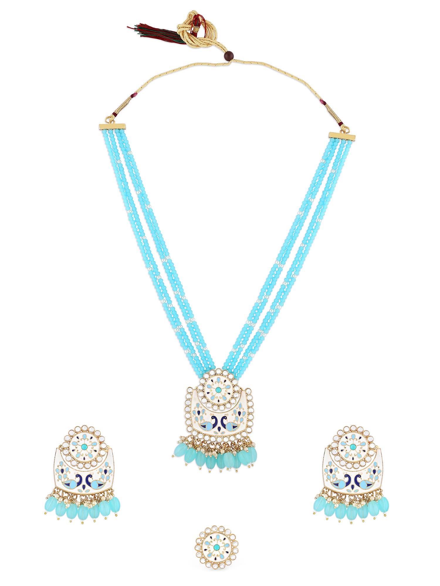 ZAVERI PEARLS Blue White Peacock Enamel Multistrand Crystal Necklace Earring Ring Set For Women-ZPFK15914 (B0C4TT1GXK) Amazon Price History, Amazon Price Tracker