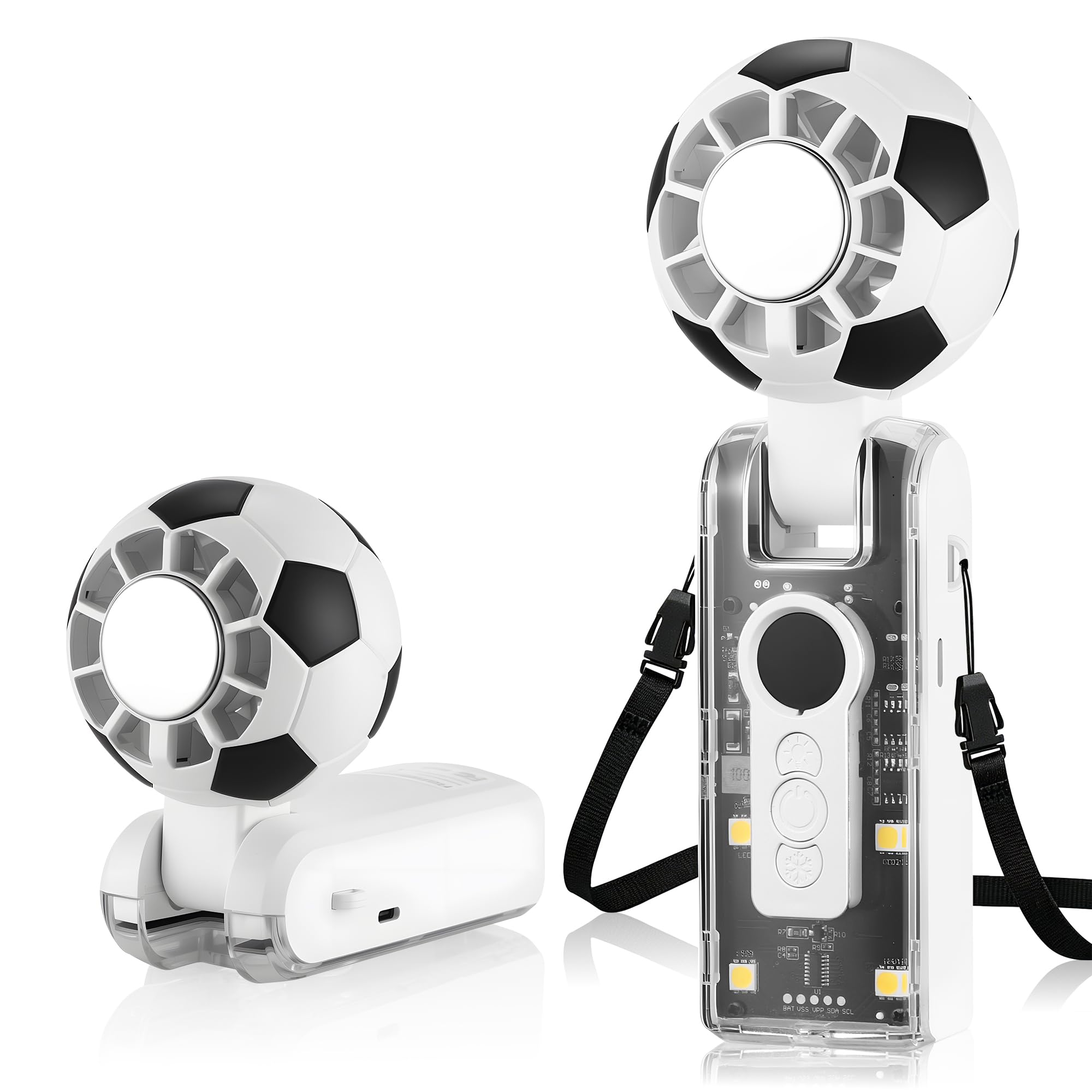 Portable Handheld Fan Rechargeable With Ice Cooler, Football-Shaped Mini Handheld Fans 6 Speeds, LED Display USB Fan Silent Powerful, Personal Turbo Fans with Ambient Light for Outdoor Events(White)