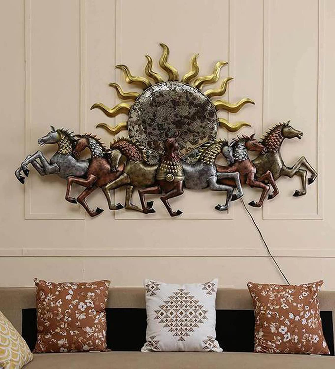 Nesfur Handmade Metal Sunrise Seven Running Hourse With LED Lights For Home Decor, Wall Decor, Diwali Gift, Corporate Gift, Vastu Metal Wall Art (57.5X33.5X3 inch, Multicolor) (B0CHRX72FF) Amazon Price History, Amazon Price Tracker