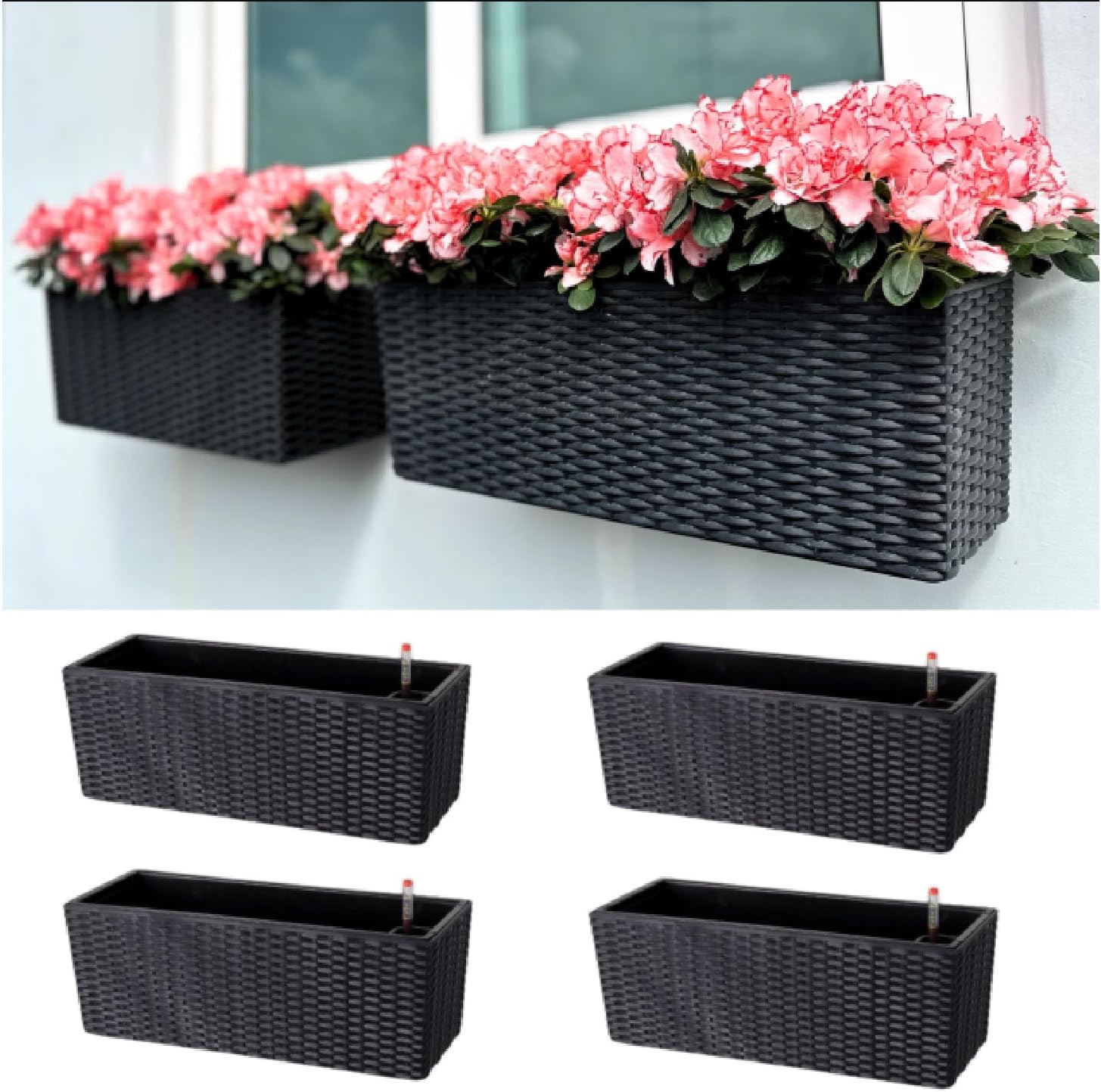 LaLaGreen Outdoor Wall Planters (20 Inch, 4 Pack) Wall Mounted Self Watering System Window Flower Boxes with Bracket, White Rectangular Plant Pot Container Indoor Modern Garden Herb Kitchen Home Decor