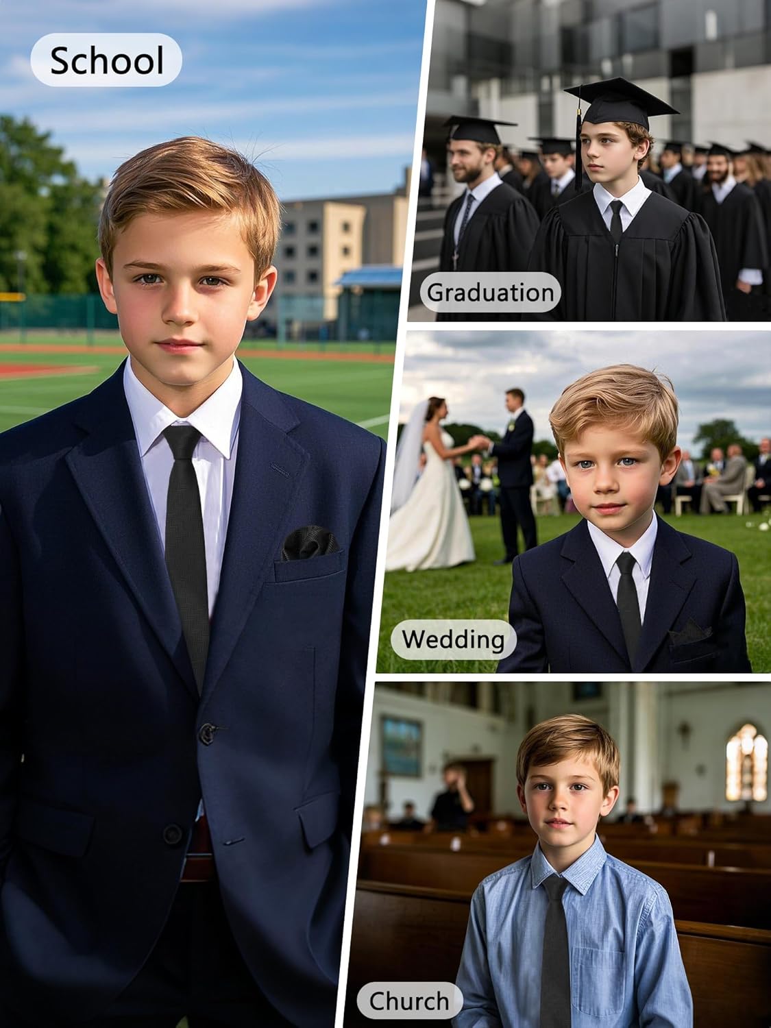 Mantieqingway Boys Tie Sets Solid Color Neckties for Boy Kids Self Ties with Pocket Square Formal Wedding Church Graduation - Image 6