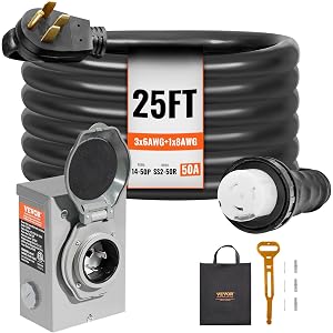 VEVOR 50 Amp Generator Cord and Power Inlet Box Kit, 25FT Generator Extension Cord NEMA 14-50P/SS2-50R STW 6/3+8/1 AWG with Twist Lock Connector, Pre-Drilled Inlet Box, ETL Listed