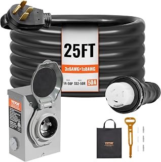 VEVOR 50 Amp Generator Cord and Power Inlet Box Kit, 25FT Generator Extension Cord NEMA 14-50P/SS2-50R STW 6/3+8/1 AWG with Twist Lock Connector, Pre-Drilled Inlet Box, ETL Listed