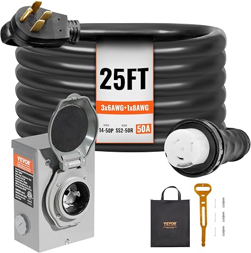 VEVOR 50 Amp Generator Cord and Power Inlet Box Kit, 25FT Generator Extension Cord NEMA 14-50P/SS2-50R STW 6/3+8/1 AWG with Twist Lock Connector, Pre-Drilled Inlet Box, ETL Listed