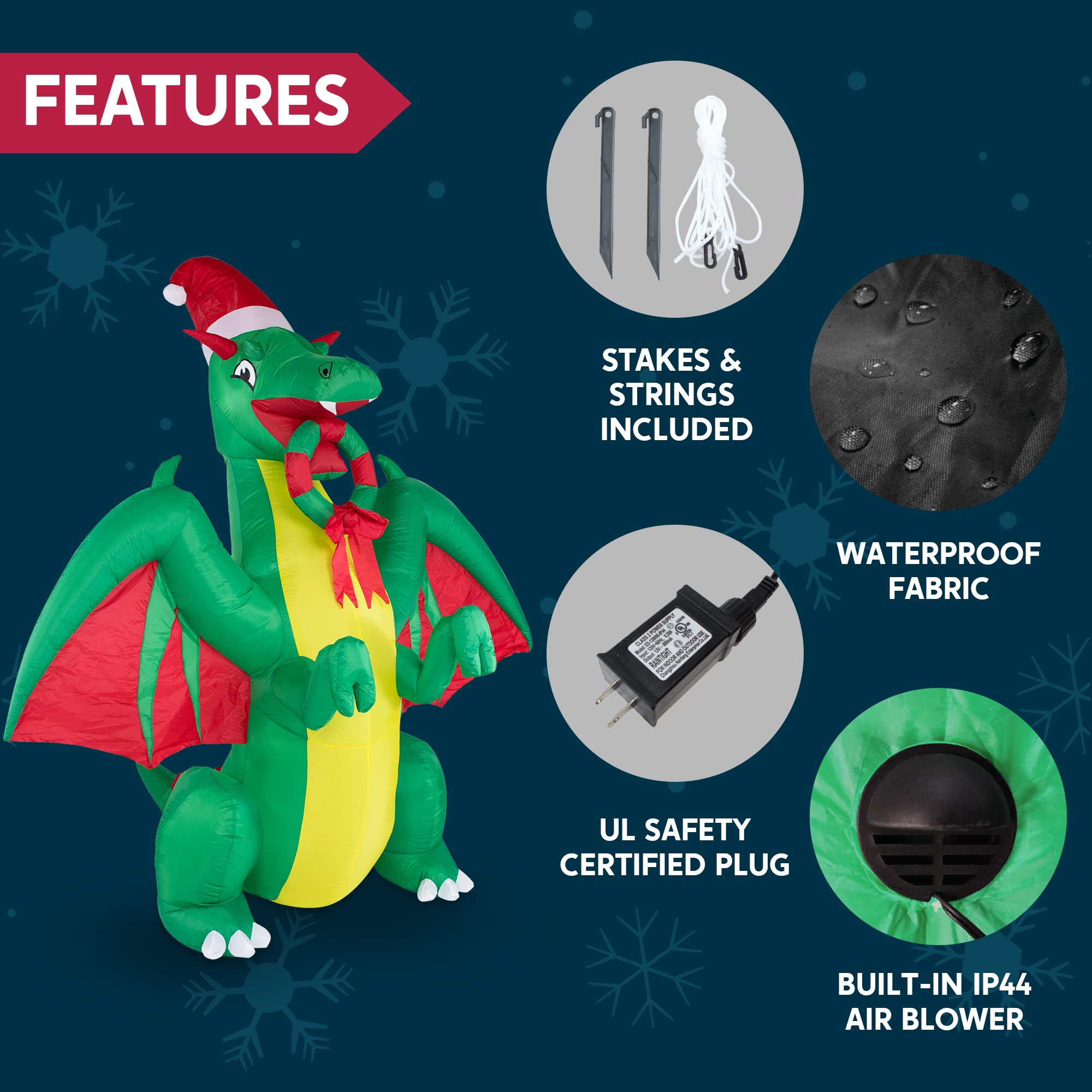 Joiedomi Drago natalizio gonfiabile da 2,4 m, realistico drago verde natalizio con LED integrati, gonfiabili per feste in interni, esterni, cortile, giardino, prato