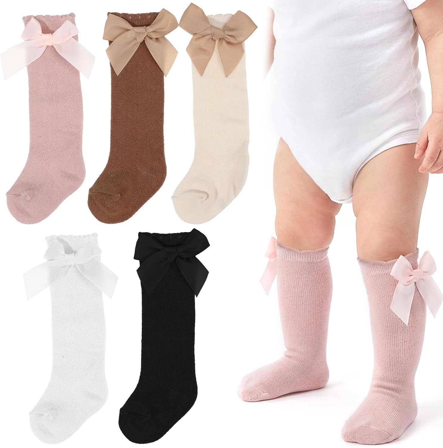 5 Pairs Baby Knee High Socks Girls, Non Slip Toddler Socks with Bows | Newborn Infants Toddlers Infant Toddler Bow Ruffle Long Socks
