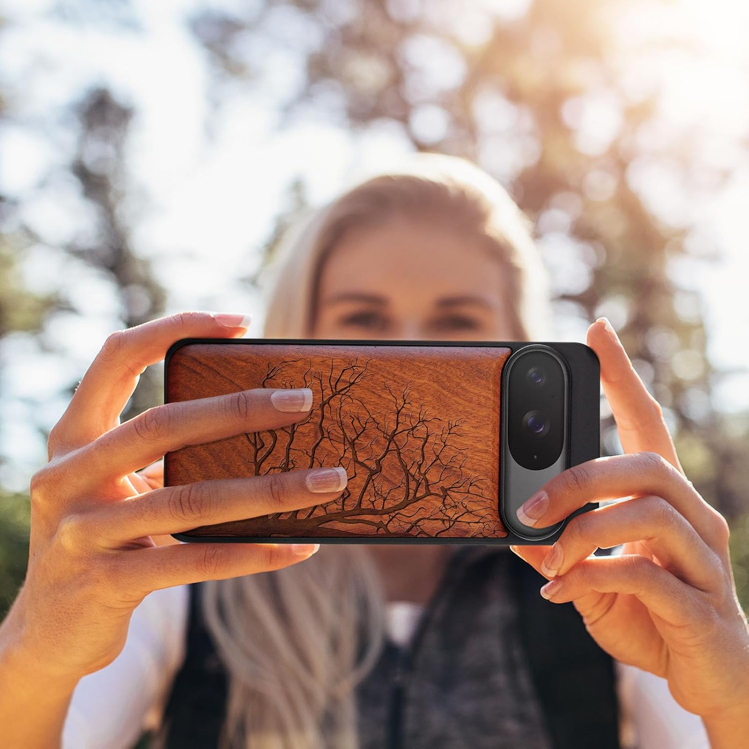 Carveit Magnetic Wooden Case for Google Pixel 9 Case, Wood Artisan Engraved & Soft TPU Shockproof Cover, Compatible with MagSafe Wireless Chargers (Eternal Tree) Rosy