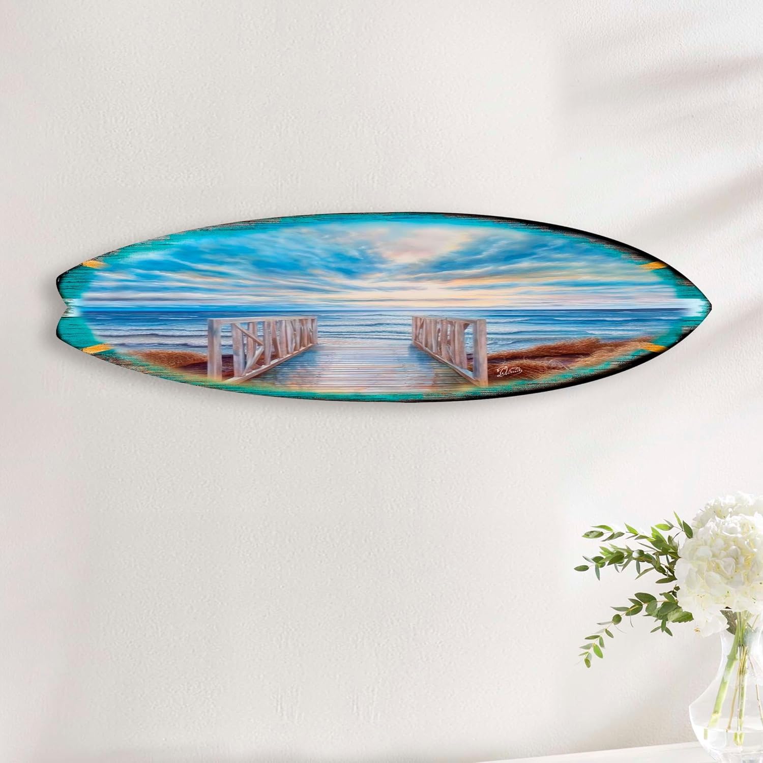36-inch Wooden Pier Surfboard Wall Art, Handcrafted Coastal Holiday Décor by G. Debrekht