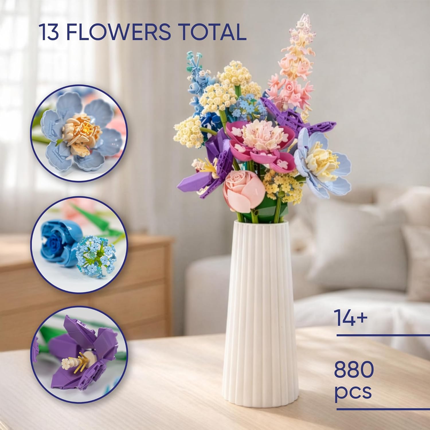 Flower Building Blocks for Adults Block Tech Flowers Buildable Flowers Building Block Set Botanical Flower Building Set 880 Pcs, No Vase Included