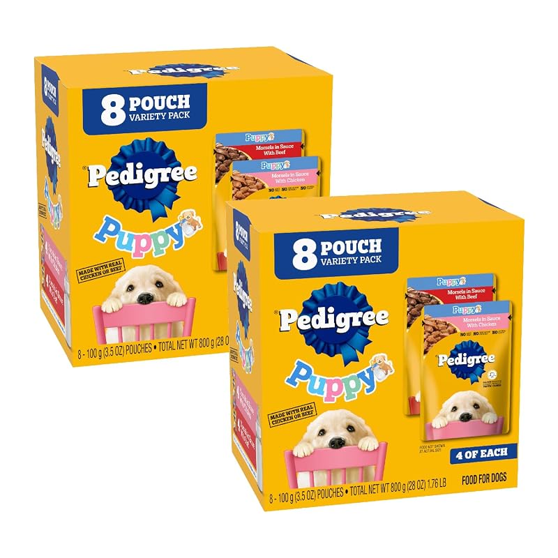 Ração Úmida para Filhotes Pedigree Puppy Morsels, Frango e Carne, Sachês de 98 g, 2 Conjuntos de 8 Unidades