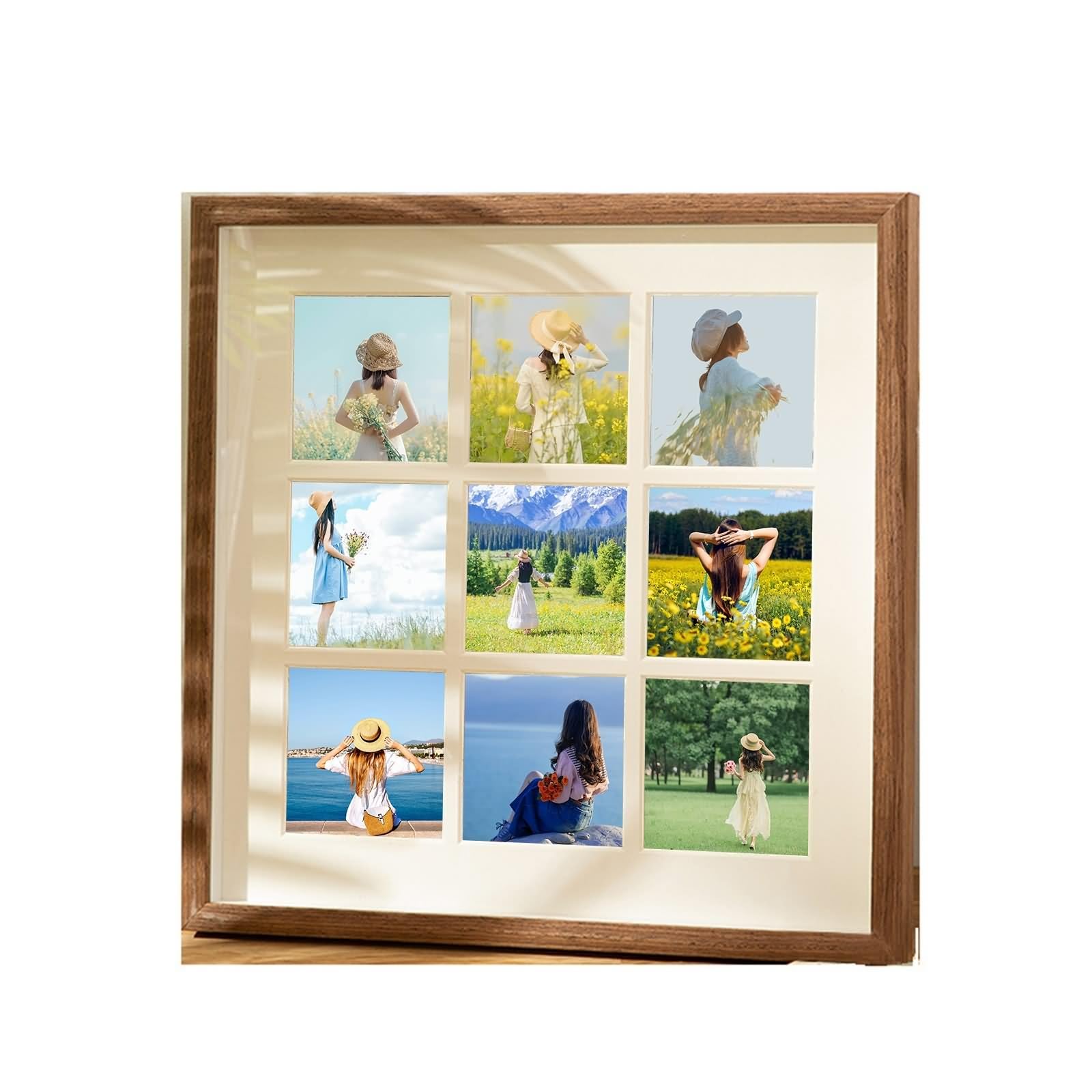 Picture Frames Vintage, Picture Frame Vintage orzech włoski, głęboki kwadrat, do montażu na ścianie, ze szkła, 9 x 9 cm