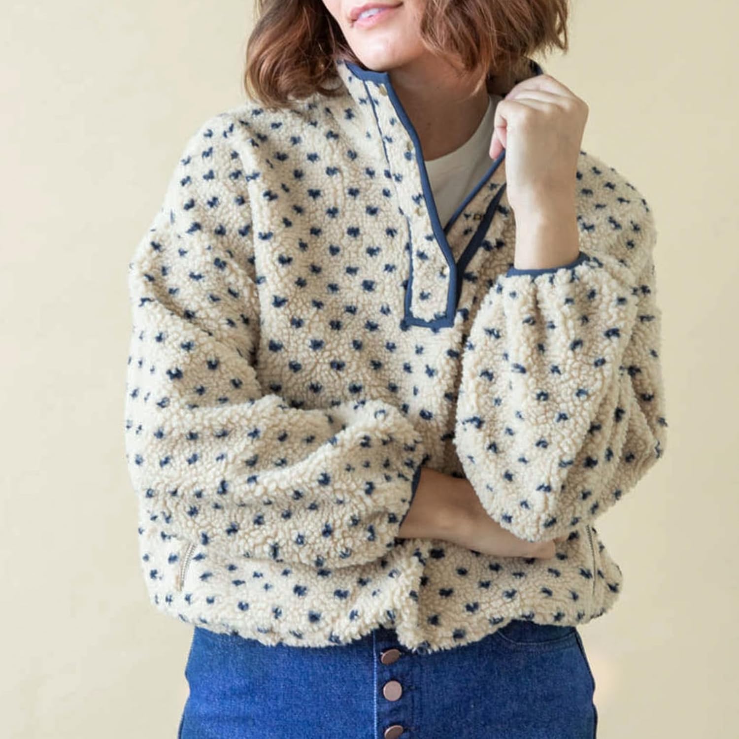 Fuzzy Fleece Jacket Women Long Sleeve Half Button Down Tops Casual Sherpa Pullover Sweatshirt Warm Winter Outerwear - Image 4