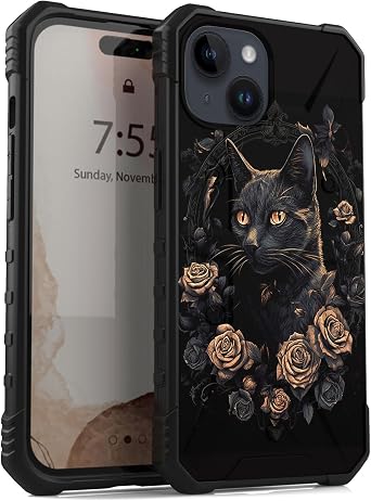 Case for iPhone 15 6.1-Inch, Stylish and Durable Dual-Layer Protection, [Military-Grade Protection] Shockproof Tough Phone Cover for iPhone 15, Black Cat
