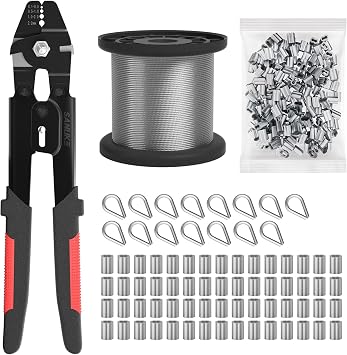 Sanuke Wire Rope Crimp Kit with 100ft 1/16 304 Stainless Steel Cable 7x7 Strand Core, 60PCS 1/16, 200pcs 5/64 Aluminum Crimp Loop Sleeves and 15PCS M2 Wire Rope Stainless Steel Thimble