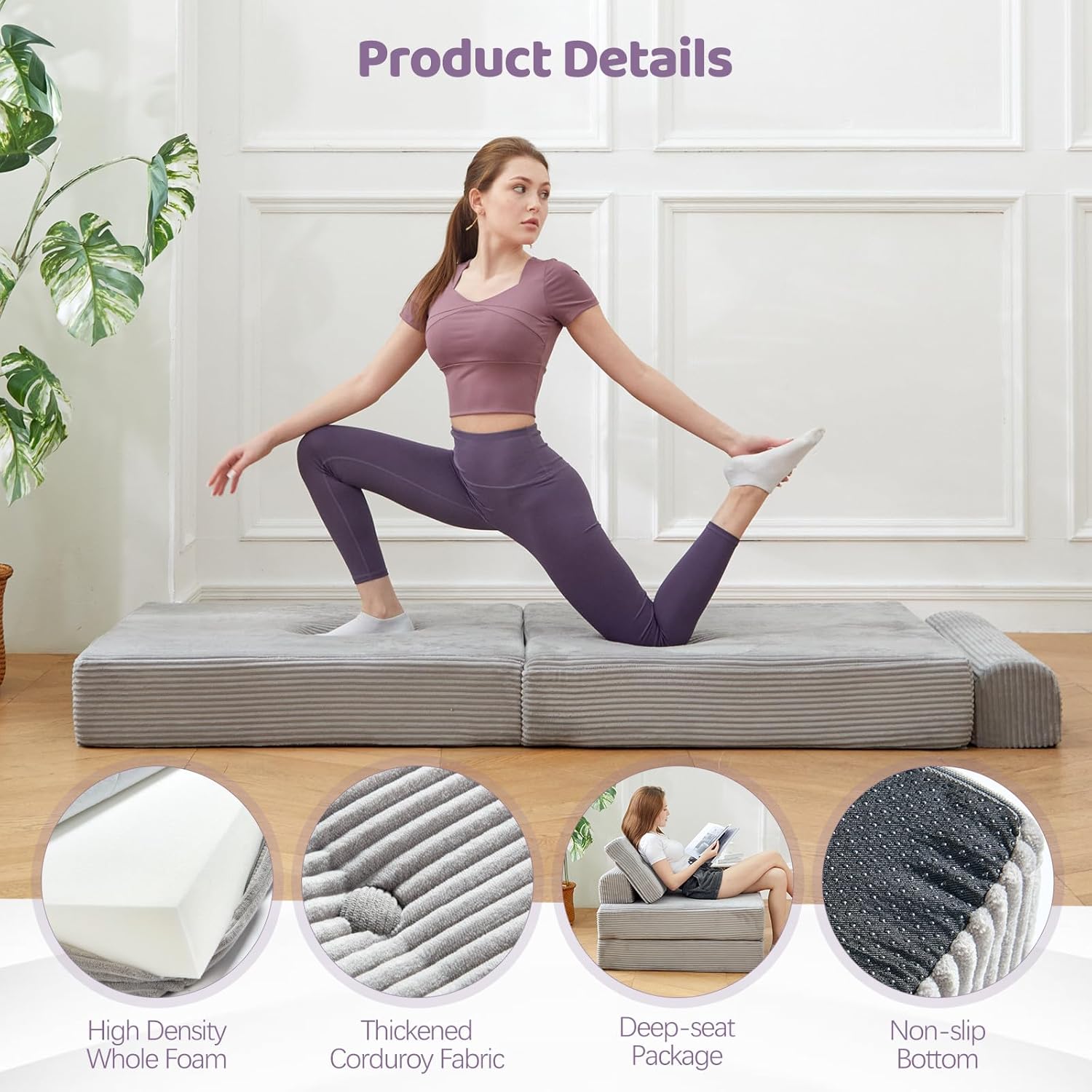 Folding Chair Bed,Floor Couch with High-Density Support Foam,Small Couch with Back Support and Pillow for Bedroom、Living Room、Balcony、Hotel、Apartment,Single,Light Grayt